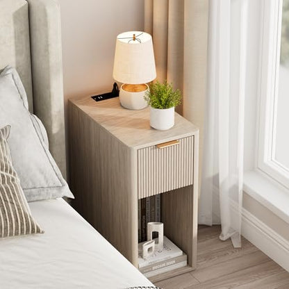 Homleke Narrow End Table with Fluted Drawer & Charging Station | Compact Nightstand with USB Ports & Outlets, Bedside Table for Bedroom, Living Room, Modern Accent Table, Light Gray Oak - color: Light Gray Oak