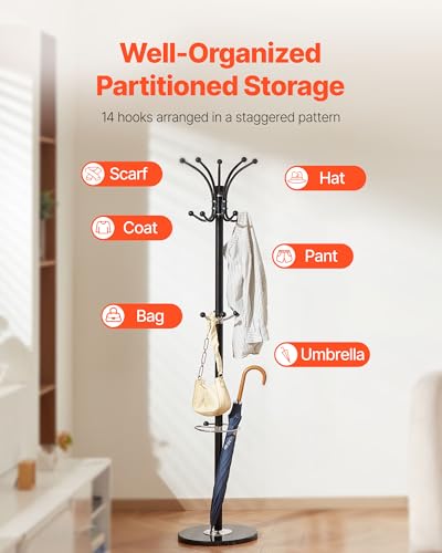 VEVOR Freestanding Coat Rack, Metal Coats Rack Stand with Umbrella Holder, Stable Marble Base & 14 Hooks, Hall Coat Tree for Entryway, Bedroom, Living Room, Stylish Coats Hanger for Hats, Scarves, Bag - style: with Umbrella Holder