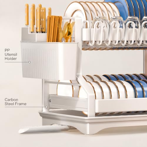 Fandian Dish Drying Rack 2 Tier White Dish Racks for Kitchen Counter and Sink, Large Dish Drying Rack with Drainboard & Utensil Holders Stainless Steel Dish Drainers Kitchen Organization and Storage - color: Ceramic White Dish Racks
