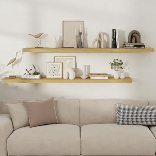 Fun Memories Floating Shelves for Wall, 66 Inch Long Set of 2 Rustic Wood Wall Shelves with Invisible Brackets, Heavy Duty Storage Display for Living Room Bedroom Kitchen, Oak - color: Oak, size: 8"D x 66"L - 2Pack
