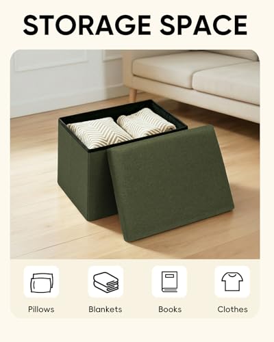 PINPLUS Flat Top Folding Linen Storage Ottoman 16.5", 36L Collapsible Storage Cube with Lid, 250 lbs Load Capacity, Fabric Foot Rest Seat for Living Room, Bedroom, Closet,Olive - color: Olive Green