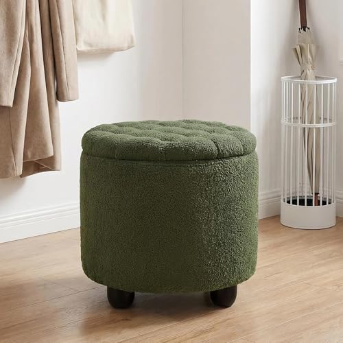 Modern Round Storage Ottoman, Upholstered Button Tufted Ottoman Footstool Ottomans with Removable Lid Storage Footstool for Living Room, Bedroom, Makeup Room, Teddy, Green - color: Green