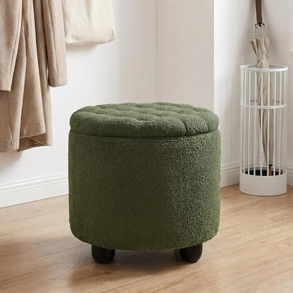 Modern Round Storage Ottoman, Upholstered Button Tufted Ottoman Footstool Ottomans with Removable Lid Storage Footstool for Living Room, Bedroom, Makeup Room, Teddy, Green - color: Green