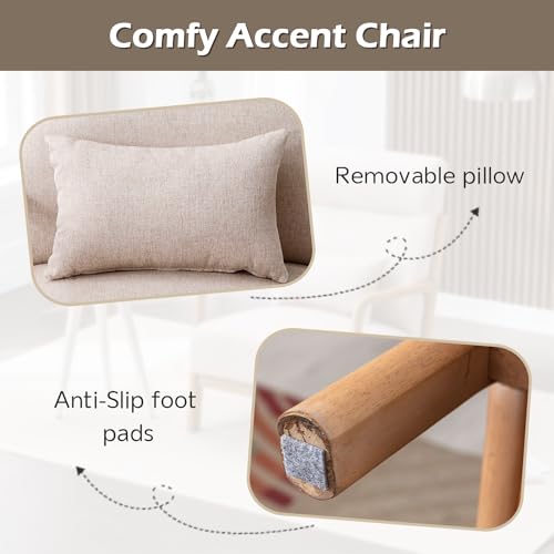 Mid Century Modern Accent Chair with High Back, Upholstered Living Room Chairs with Waist Cushion, Wood Frame Reading Armchair for Bedroom Sunroom, Beige - color: Beige