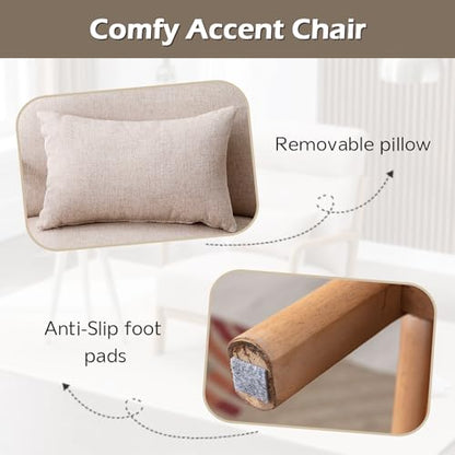 Mid Century Modern Accent Chair with High Back, Upholstered Living Room Chairs with Waist Cushion, Wood Frame Reading Armchair for Bedroom Sunroom, Beige - color: Beige
