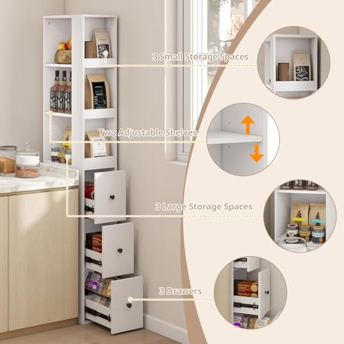ARTETHYS Tall Narrow Bathroom Storage Cabinet with Side Rack & Drawers | 3-Level Adjustable Shelves, Slim Free Standing Space Saver Organizer for Living Room Kitchen, Classic White - color: White With Side Rack