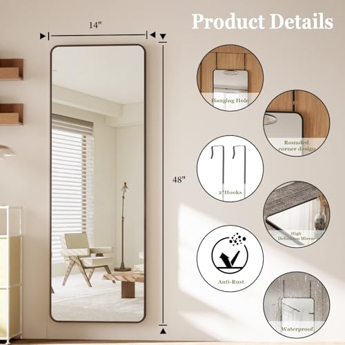 BEAUTYPEAK Over The Door Mirror Full Length 14 x 48, Full Body Mirror，Black | Shatterproof Tempered Glass and Aluminum Alloy Frame, No-Drilling Hanging or Wall Mount, For Bedroom, Dorm - color: Re-black, size: 48"L x 14"W