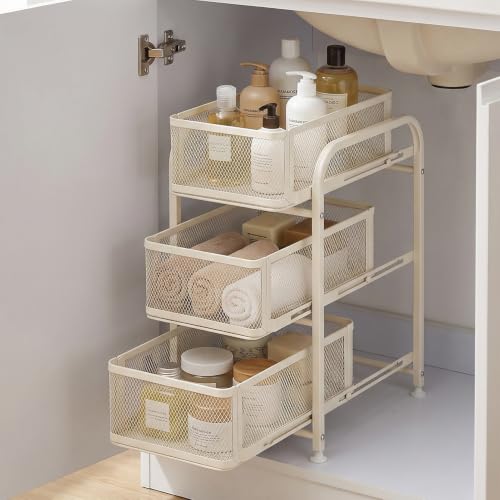 3 Tier Under Sink Organizer, Pull Out Cabinet Storage Organizer with Sliding Mesh Drawers, Heavy Duty Metal Under Sink Storage for Kitchen, Bathroom, Cabinet, Small Space, White, 1 Pack