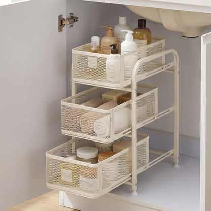 3 Tier Under Sink Organizer, Pull Out Cabinet Storage Organizer with Sliding Mesh Drawers, Heavy Duty Metal Under Sink Storage for Kitchen, Bathroom, Cabinet, Small Space, White, 1 Pack