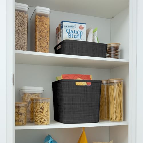 Curver Set of 4 Large Cube 17L Jute Decorative Plastic Organization and Storage Baskets - Perfect Bins for Home Office, Closet Shelves, Kitchen Pantry and All Bedroom Essentials, Black - color: Black, size: Large Cube 17L