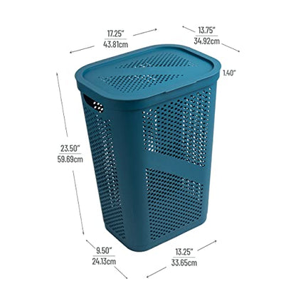 Mind Reader Slim Laundry Hamper with Lid, 60L Clothes Basket, Ventilated Plastic, Blue - color: Blue, size: Single