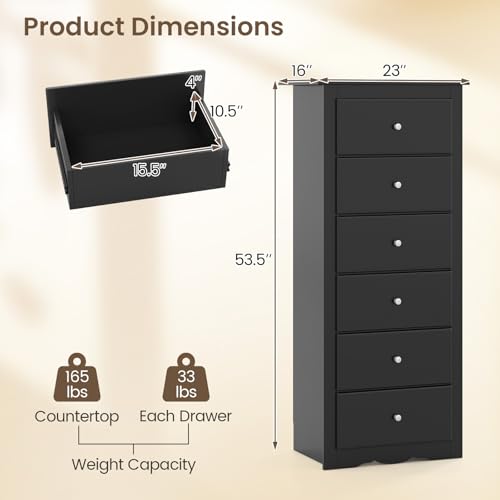 GIANTEX 6-Drawer Dresser for Bedroom, Wooden Chest of Drawers w/Metal Handles & Large Capacity, 16" D x 23.5" W x 53.5" H Clothes Organizer, Modern Tall Dresser for Bedroom, Entryway, Living Room - color: Black