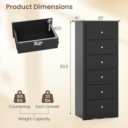 GIANTEX 6-Drawer Dresser for Bedroom, Wooden Chest of Drawers w/Metal Handles & Large Capacity, 16" D x 23.5" W x 53.5" H Clothes Organizer, Modern Tall Dresser for Bedroom, Entryway, Living Room - color: Black