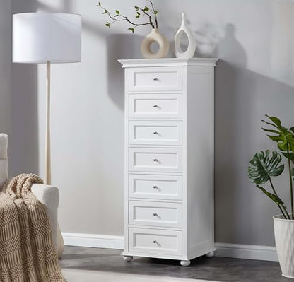Tall White Dresser for Bedroom with 7 Drawers, 52" Tall Skinny Dresser | Modern White Tall Chest of Drawers Dresser，Wooden Lingerie Dresser Tall Narrow，Crown Molding and Solid Wood Ball Legs - color: White