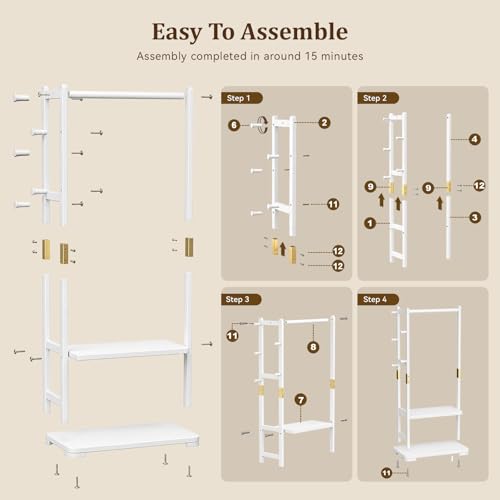 Solid Wood Clothes Rack with 2 Shelves & 4 Hooks for Hanging Clothes Garment Wallets Hats, White Clothing Rack Heavy Duty Coat Rack Freestanding with Storage Hall Tree for Hallway Bedroom Living Room | Hallway bedroom living room, durable wood constructio