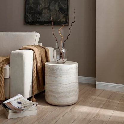 15.74" Round Coffee Table, Living Room Tables Round Coffee Tables, Small Side Table and Center Table for Bedroom Balcony Lounge Home Office, Fiberglass Material, Faux Travertine Textured Beige - size: 15.74x15.74x17.71
