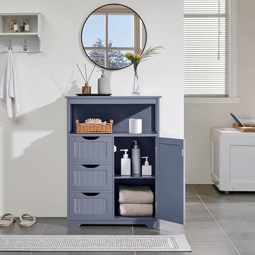Yaheetech Large Freestanding Bathroom Storage Cabinet with 3 Drawers, Gray | Wooden Floor Cabinet Organizer for Towels, Linens and Cleaning Supplies, Beadboard Fronts, Open Cubby, Adjustable MDF Shelf - color: Grey, size: 14"D x 26"W x 35.5"H