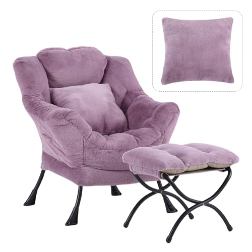 Lazy Chair with Ottoman, Plush Reading Chair with Pillow，Purple | Removable machine-washable cover; includes an extra throw pillow; cozy accent chair for living room, bedroom, dorm or office - color: Plush Purple-1