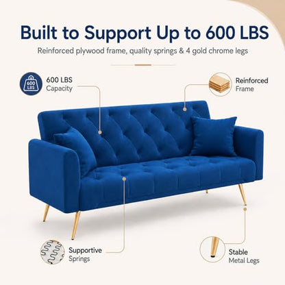 Majnesvon 71" Convertible Folding Sleeper Sofa Couch,Modern Velvet Loveseat Sleeper with 2 Pillows, Futon Sofa Bed with Mattress and Frame for Living Room,Bedroom,Small Space (Blue) - color: Blue