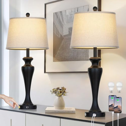 CINSARY 30“ Black Table Lamps for Living Room, 3-Way Dimmable Touch Control Lamp with USB A+C Ports and AC Outlet, Tall Bedside Lamps Set of 2, Metal Bedroom Lamp for Nightstand, 2 Bulbs Included - color: Black (2 Pack)