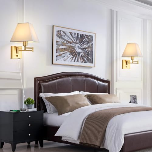 Wall Mounted Lamp Plug in Wall Sconce with Dimmable Switch Swing Arm Wall Lamp Whire Fabric Shade with USB Port Gold Wall Sconce Suitable for Hallway Bedroom Living Room… - color: Gold