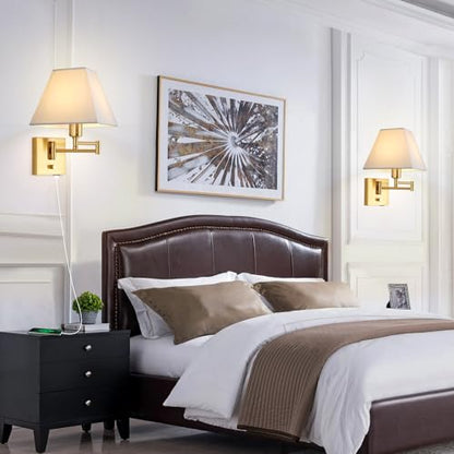 Wall Mounted Lamp Plug in Wall Sconce with Dimmable Switch Swing Arm Wall Lamp Whire Fabric Shade with USB Port Gold Wall Sconce Suitable for Hallway Bedroom Living Room… - color: Gold