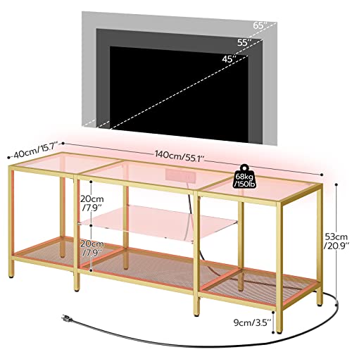 HOOBRO TV Stand with LED Lights and Power Outlets for TVs up to 65", Modern 55 Inch Tempered Glass TV Console Table with Open Shelves, Media Entertainment Center for Living Room, Gold GD145UDS01 - size: 55 Inch