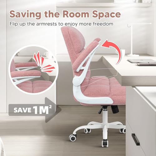 Office Chair with Wheels, Ergonomic Computer Desk Chair with Flip-up Armrest, Adjustable Rolling Swivel Chair Teddy Fleece – Dusty Pink - color: Dirty Pink