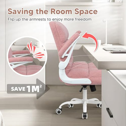 Office Chair with Wheels, Ergonomic Computer Desk Chair with Flip-up Armrest, Adjustable Rolling Swivel Chair Teddy Fleece – Dusty Pink - color: Dusty Pink