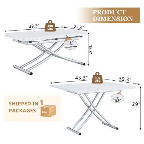 Adjustable Height Coffee Table, Folding Dining Table, White&Sliver | Convertible lift top table for use as a coffee table, dining table, home office desk or vanity - color: White & Sliver Legs