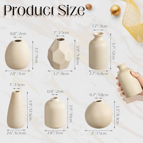 6 Pcs Mini Beige Ceramic Vase Set Modern Boho Bud Vases for Dried Flowers Plants Small Decorative Pottery Vases for Home Decor Wedding Bookshelf Coffee Table Centerpiece