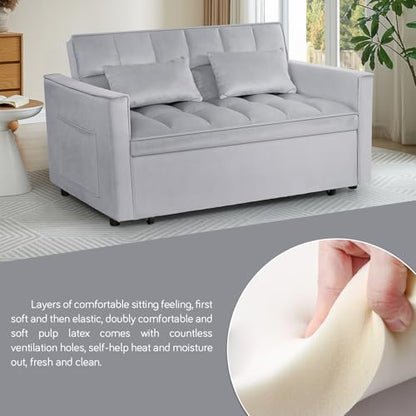 3 In 1 Velvet Convertible Sofa Bed, Pull Out Couch Bed with Reclining Backrest And 2 Pillows, 54" Full Size Loveseat Sleeper Sofa Futon Couch Beds, Couches For Small Spaces, Living Room (Silver Grey) - color: Silver Grey