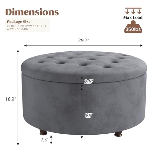 30 Inch Round Storage Ottoman,Modern Tufted Ottomans,Circular Coffee Table with Removable Top,Upholstered Large Ottoman with Storage Footrest Stool for Bedroom Living Room (Grey) - color: Grey, size: 30"D x 30"W x 16.9"H