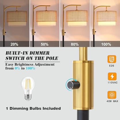 Dimmable Floor Lamp with Table and Marble Base, Arc Floor Lamp with Bulb, Boho Farmhouse Standing lamp with Fabric & Bamboo Shades for Living Room Bedroom - color: Black and Gold 03