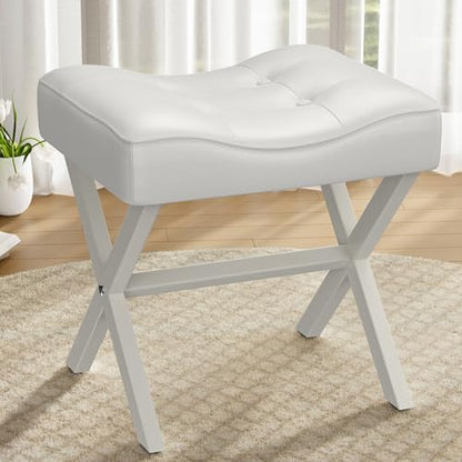 18-Inch Large Leather Vanity Stool Chair, White Makeup Stool | Vanity Bench, Metal X-Leg, 350 LBS, 20"x16.9"x18", Ottoman Accent Stool, Thick Padded Saddle Seat, For Living Room Bedroom - size: Large, style: White Leather