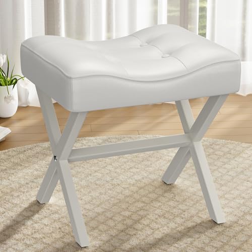 18-Inch Large Leather Vanity Stool Chair, White Makeup Stool | Vanity Bench, Metal X-Leg, 350 LBS, 20"x16.9"x18", Ottoman Accent Stool, Thick Padded Saddle Seat, For Living Room Bedroom - size: Large, style: White Leather
