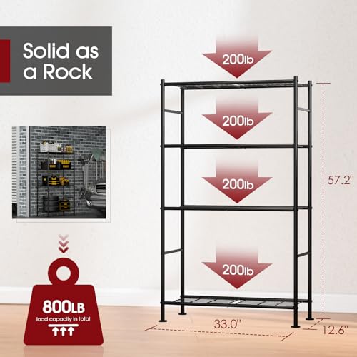 Sakugi Storage Shelves - 4 Tier Shelf Organizer, Heavy Duty Garage Shelving Unit with Leveling Feet, Stable Metal Shelves Organizer for Pantry, Kitchen and Closet, 33.0" W x 12.6" D x 57.2" H, Black - color: Black, size: 33.0W×12.6D×57.2H(4T)