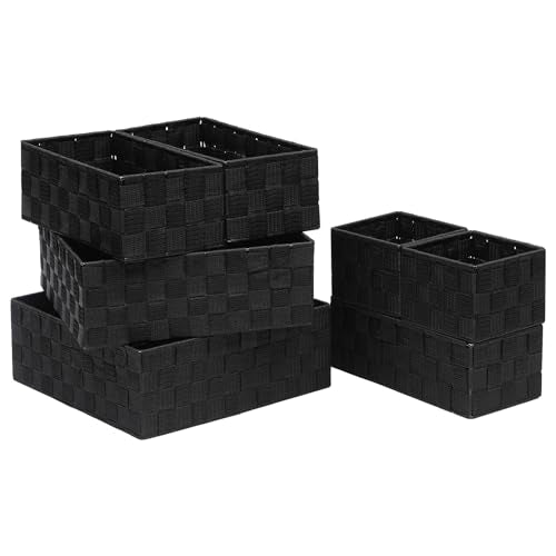 Stackable Woven Storage Baskets with Metal Frame, Set of 7,Black | polypropylene organizer bins in assorted sizes for drawers, closet, shelf, nursery and office storage - color: Black, size: 7PCS-without lid