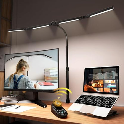 Adjustable LED Desk Lamp with Clamp, 4-Head Eye-Caring CRI95+ Desk Light, Stepless Dimming & Color Temp Remote Control, Flexible Neck, 5-Mode for Reading, Computer, Crafting, 90" Wide Desk Coverage - color: Black
