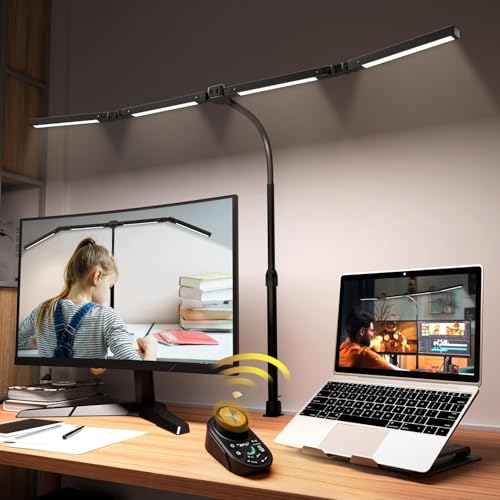 Adjustable LED Desk Lamp with Clamp, 4-Head Eye-Caring CRI95+ Desk Light, Stepless Dimming & Color Temp Remote Control, Flexible Neck, 5-Mode for Reading, Computer, Crafting, 90" Wide Desk Coverage - color: Black