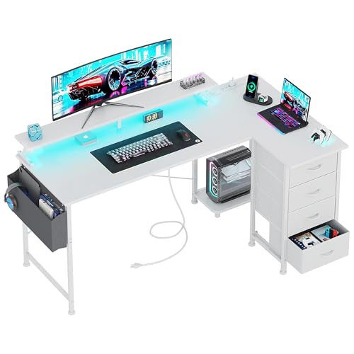 VERMESS 63" Reversible L Shaped Gaming Computer Desk, Corner Desk with Power Outlets & Monitor Stand, Writing Study Table with 4 Storage Drawers, Desk with LED Lights, White - color: White, size: 63 Inch