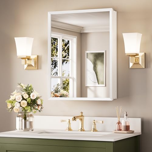 Keonjinn White Medicine Cabinet Mirror 20 x 26, Stepless Adjustable Shelves | Assembly Needed, Wall-Mounted or Recessed, Lightweight Aluminum, Beveled Framed Bathroom Mirror with Storage, Rust-Resistant - color: White, size: 20x26 In