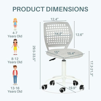 FurnitureR Small Armless Desk Chair with Rolling Wheels, Compact Adjustable Height Swivel Study Computer Task Chair with Breathable Back and Padded Seat for Kids Teens, Light Gray - color: Light Gray