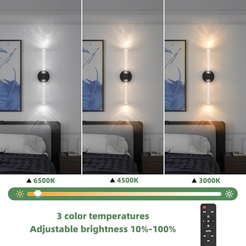 Battery-Operated Wall Sconces Set of 2, Black 20'' Rechargeable Crystal Bubble Wall Sconce with Remote Control, 3000K-6000K Dimmable LED Wireless Wall Lights for Living Room Bedroom Hallway - color: Black