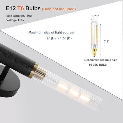 Modern Wall Sconces 24" Knurled Texture Cylinder Bathroom Vanity Lights Fixtures with Clear Striped Glass Shade 2-Lights Brushed Brass Gold Black Indoor Wall Lighting for Bedroom Hallway - color: Gold Black Knurled Texture/Clear