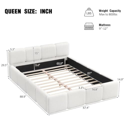 Queen Boucle Block Bed Frame with Headboard & Footboard, White | Low Floor Design, Plush Upholstered, No Box Spring, Sturdy Support, Easy Assembly For Modern Bedroom - color: White, size: Queen