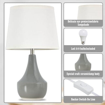 18" Table Lamp Set of 2, Ceramic Table Lamp Classic Beside Lamps Nightstand Lamp Modern Lamp for Living Room, Bedroom & Office Rocker Switch Grey-LED Bulbs Included - color: 18.63" Grey