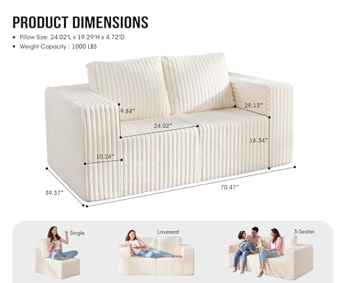 Hobestluk 2 Seater Modular Couch with Deep Seat Oversized Sectional Sofa | Strip White,Loveseat,Cozy Fabric,Memory Foam,No Assembly,Cloud Chair,With Pillows,For Livingroom Bedroom,Free Combination - color: White, size: Loveseat
