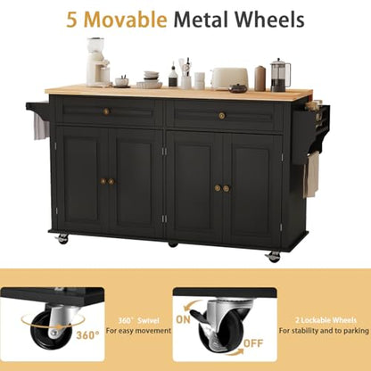 Kitchen Island Cart with Wood Top and Drop Leaf, Rolling Kitchen Island Table on Wheels with Drawer, Storage Cabinet, Spice Rack and Towel Rack for Dining Room, Black - size: 67.1" W, style: Black