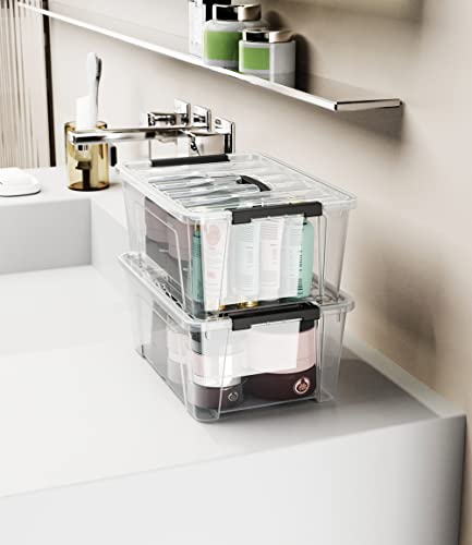 WYT 12 Pack Small 5-Quart Clear Plastic Storage Bins with Lids and Latch Buckles, Storage Organizer Container with Handle